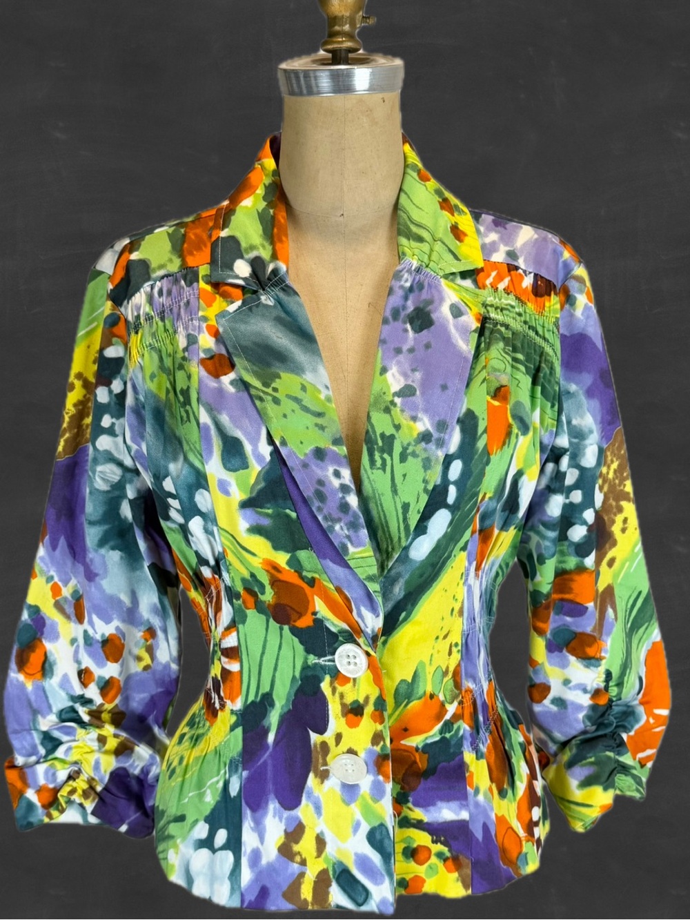 VINTAGE artsy bold multicolor rainbow floral abstract blazer‎ suit jacket fitted